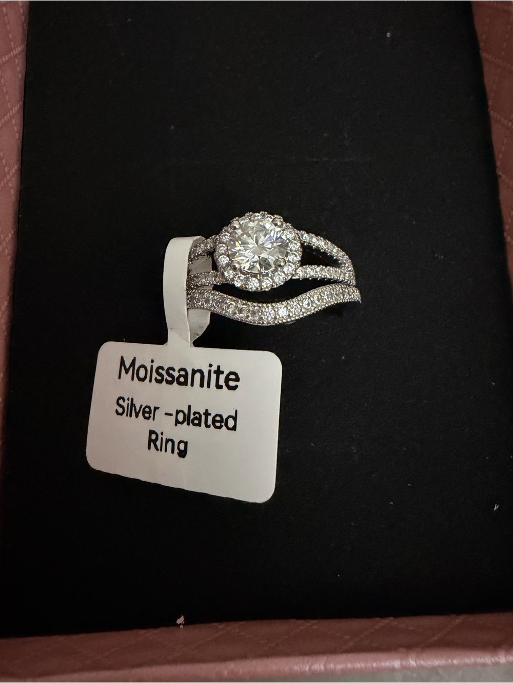 Moissanite Silver-Plated Halo Split Shank Ring - Clear White Stones